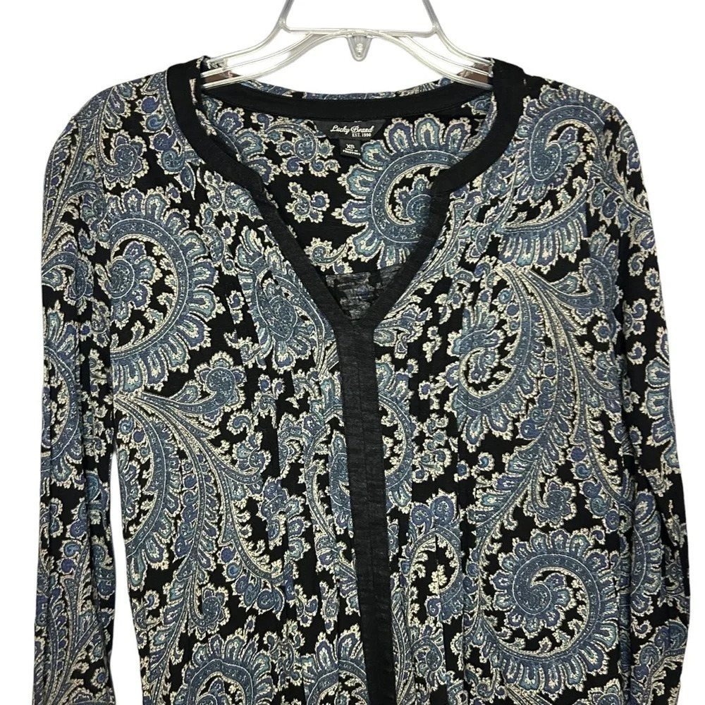 Lucky Brand Paisley V-Neck Top Blue Black XS Rayon